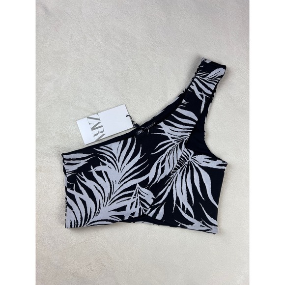 ZARA Matching Set High Waist Flare Pants and Top B&W Plam Print Jacquard Size M - Picture 8 of 13